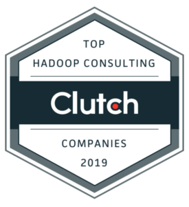 Clutch award for one of being one of the top Hadoop in Utah for 2019. Blue and white hexagon-shaped.