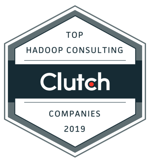Clutch award for one of being one of the top Hadoop in Utah for 2019. Blue and white hexagon-shaped.