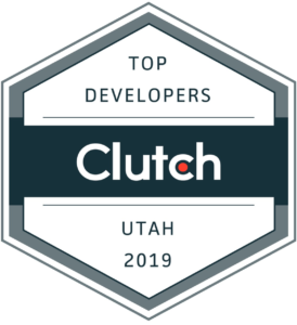 Clutch award for being one of the top developers in Utah for 2019. Blue and white hexagon-shaped.