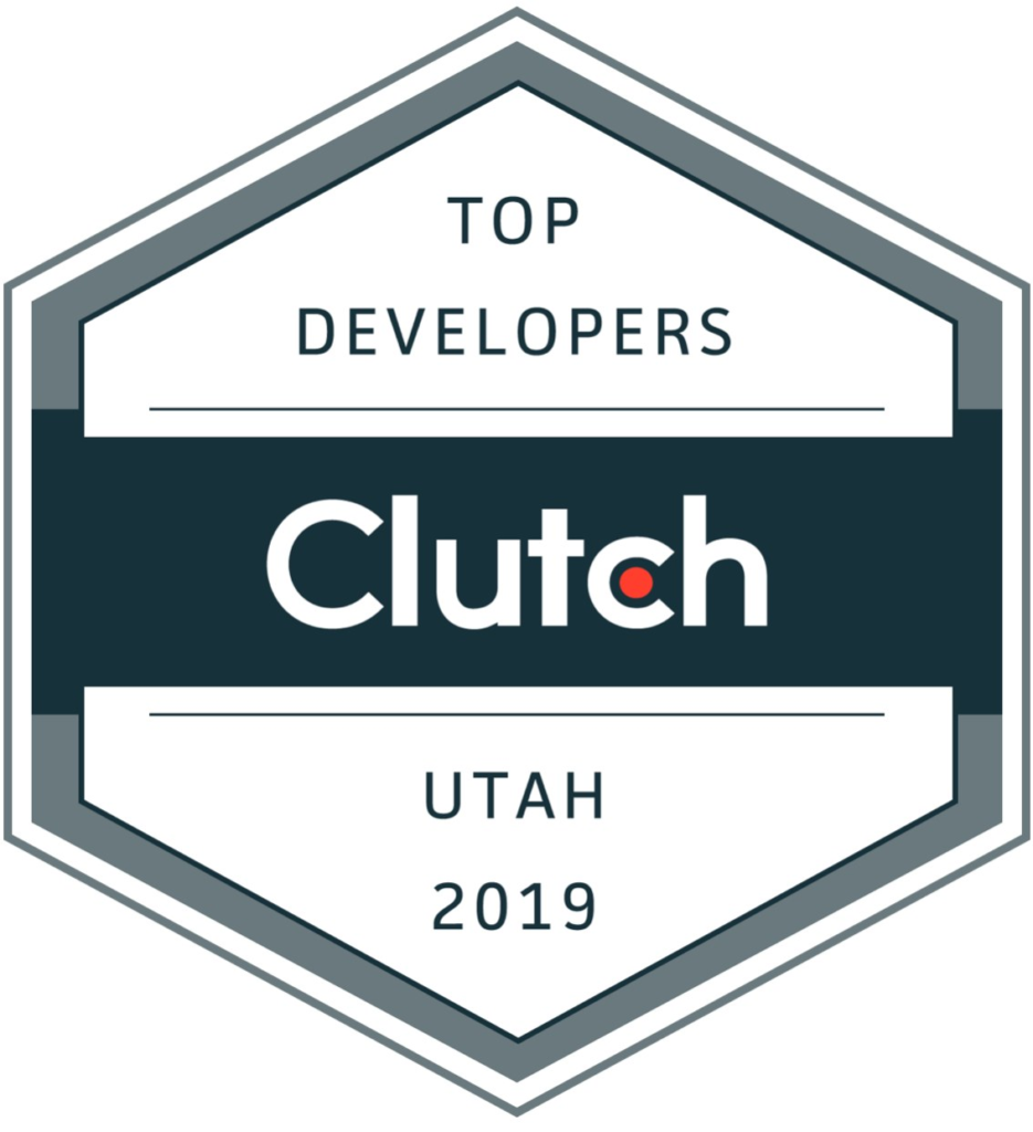 Clutch award for being one of the top developers in Utah for 2019. Blue and white hexagon-shaped.