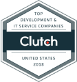 Clutch award for top development and IT service companies in the United States for 2018. Blue and white hexagon-shaped.