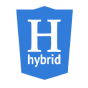 Blue Hybrid logo with a white background.