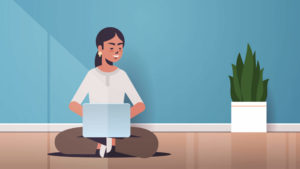 A cartoon woman sitting with her legs crossed and she is on a laptop with a plant in the background.